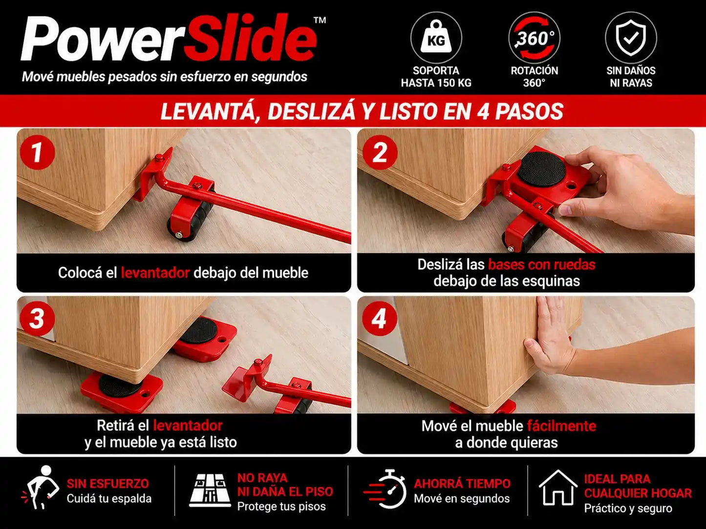 PowerSlide™ · Mové muebles pesados sin esfuerzo en segundos